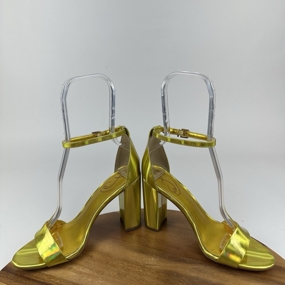 Womens Sam Edelman Yaro Gold Leather Block Open Toe Heeled Sandals Size 8 M GUC - Picture 5 of 10